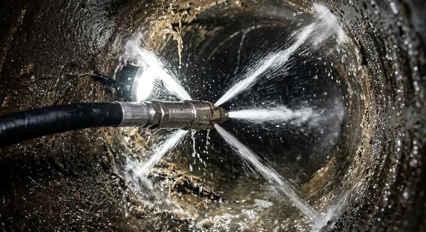 High-pressure hydro jetting nozzle cleaning sewer pipe for Sewer Cleanout in Oak Grove