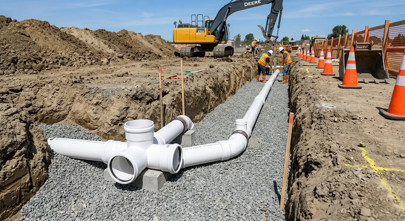 New PVC sewer pipe installation in open trench for Sewer Backup in Oak Grove