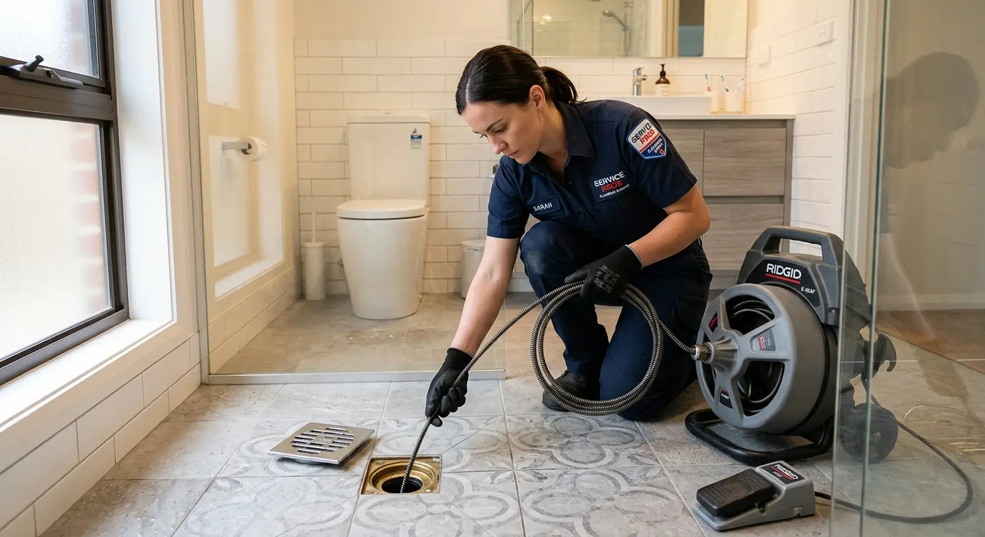 Technician clearing a bathroom floor drain for Sewer Line Replacement in Oak Grove
